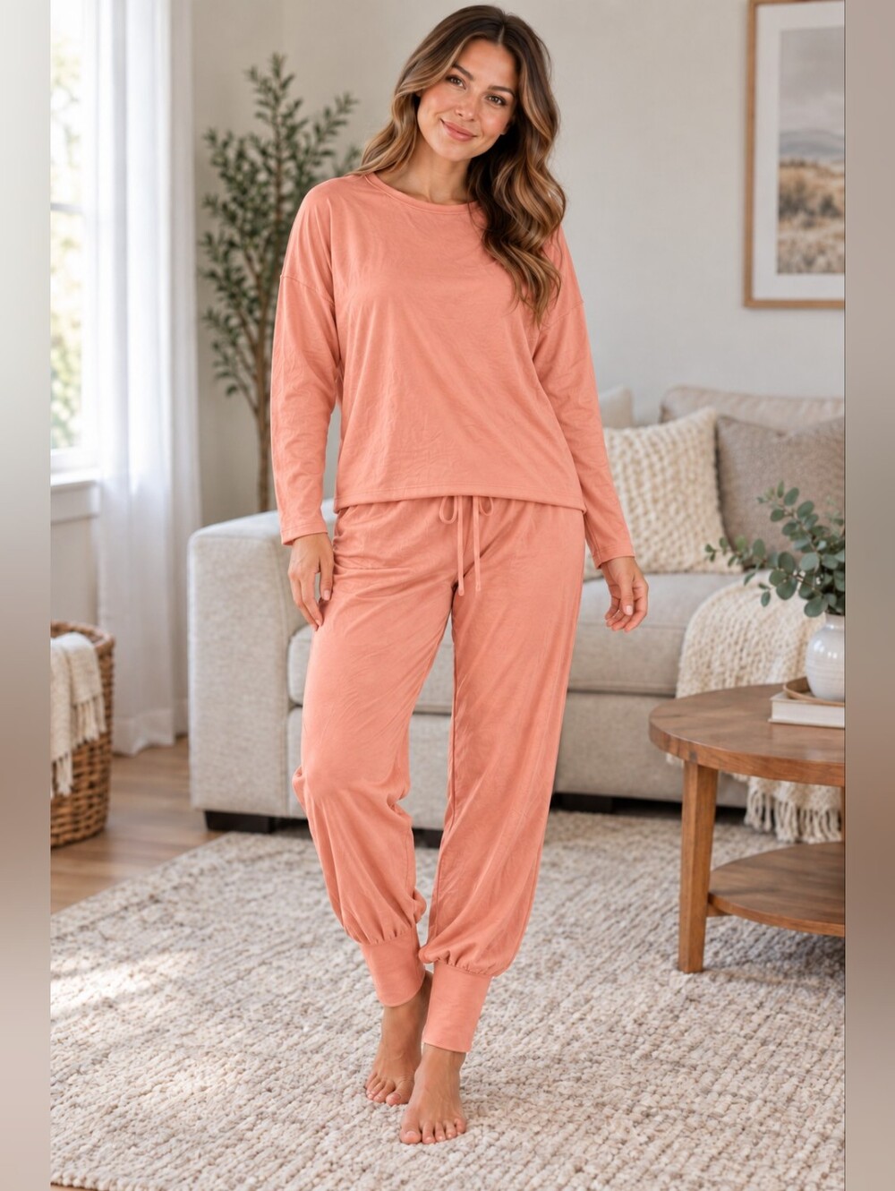 Women’s Peach Coral 2 Piece Lounge Set Dolman Top Jogger Pants Size M